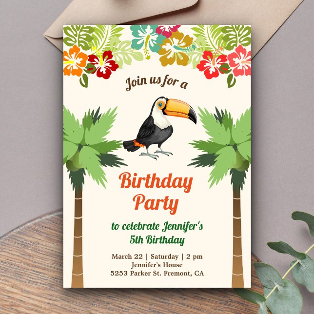 Invitation Fête d'anniversaire tropicale Toucan (Créateur téléchargé)