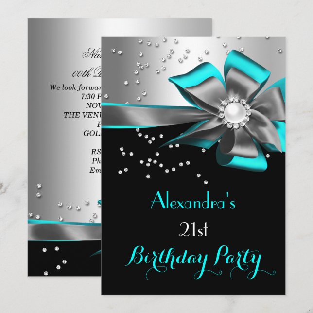 Invitation Fête d'anniversaire Turquoise Aqua Noir Argent Arc (Devant / Derrière)