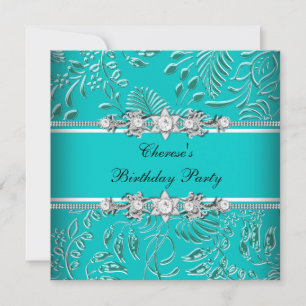 Invitation Fête d'anniversaire Turquoise Bleu Blanc Damas Flo
