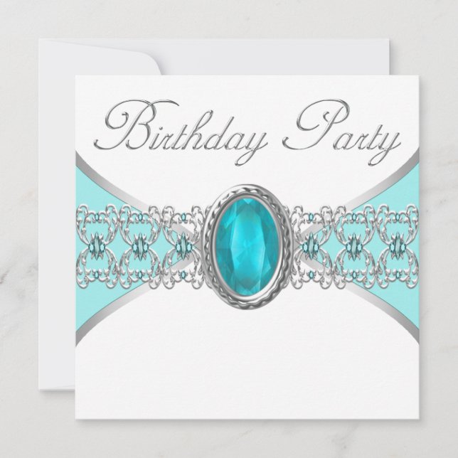 Invitation Fête d'anniversaire turquoise bleu et argent (Devant)