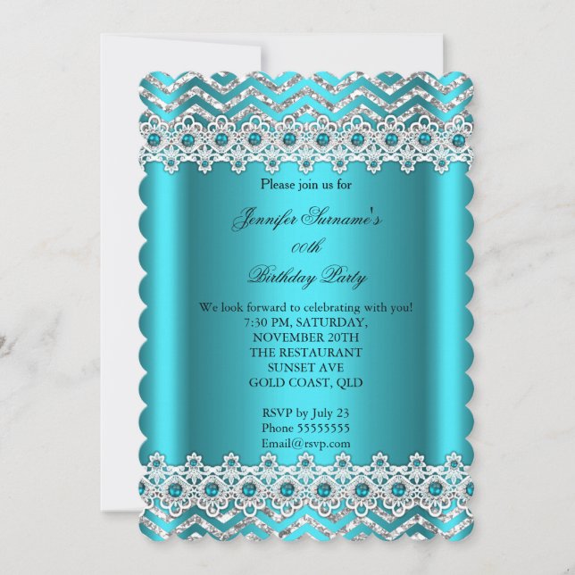 Invitation Fête d'anniversaire Turquoise Bleu Perle Chevron A (Devant)