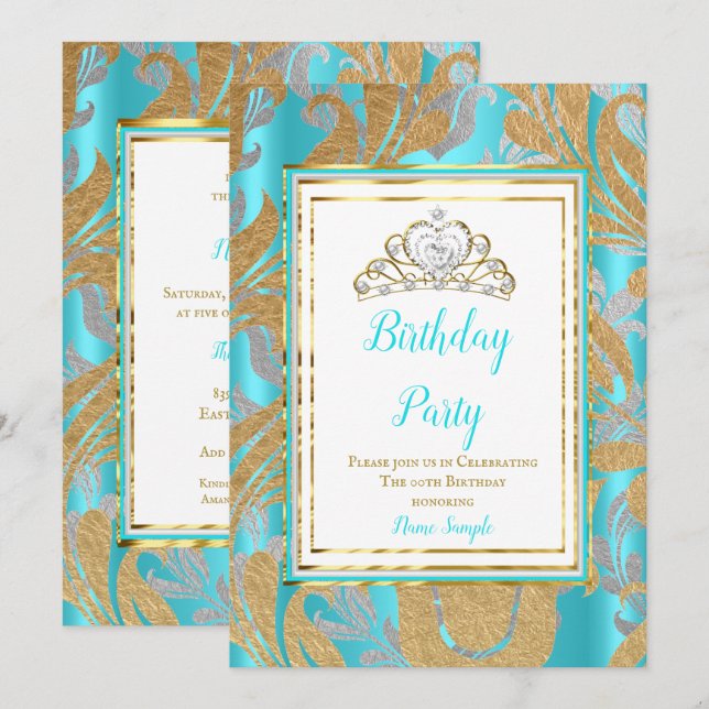 Invitation Fête d'anniversaire Turquoise Blue Gold Damask Gre (Devant / Derrière)