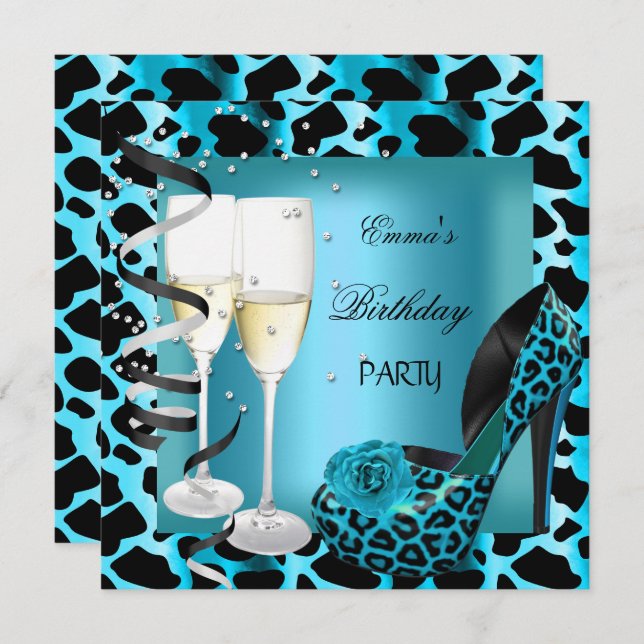 Invitation Fête d'anniversaire Turquoise Blue Leopard Black C (Devant / Derrière)