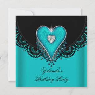 Invitation Fête d'anniversaire Turquoise Coeur bleu noir dent
