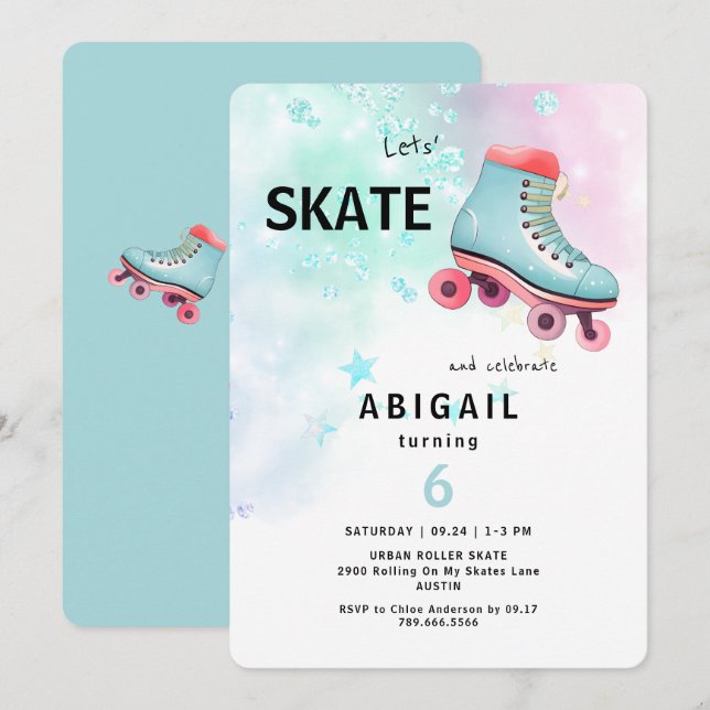 Invitation Fête d'anniversaire turquoise de roller skating de (Devant / Derrière)