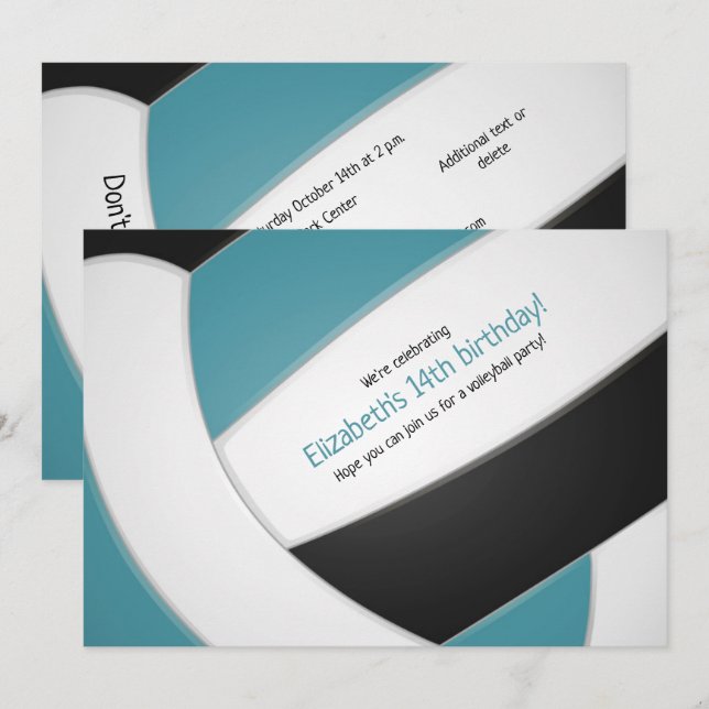 Invitation Fête d'anniversaire turquoise de volley-ball noir (Devant / Derrière)