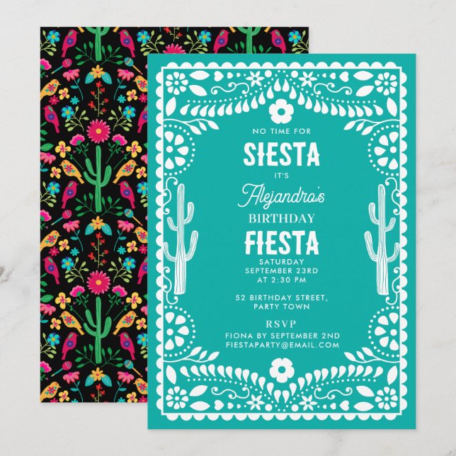 Invitation Fête d'anniversaire turquoise florale traditionnel (Devant / Derrière)