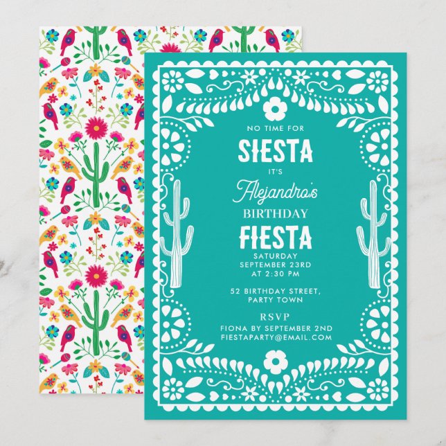 Invitation Fête d'anniversaire turquoise florale traditionnel (Devant / Derrière)