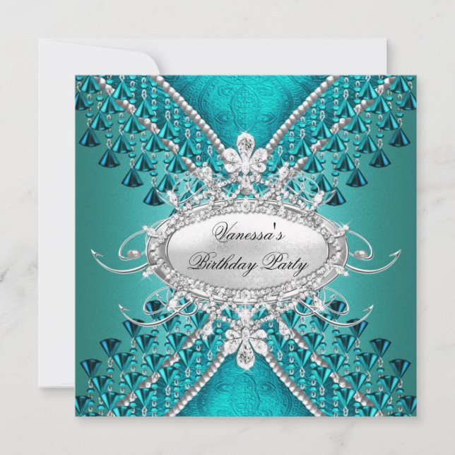 Invitation Fête d'anniversaire Turquoise perles Diamant Bleu (Devant)