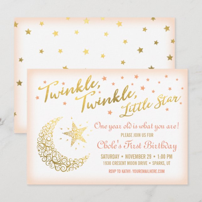 Invitation Fête d'anniversaire Twinkle, Twinkle, Little Star  (Devant / Derrière)