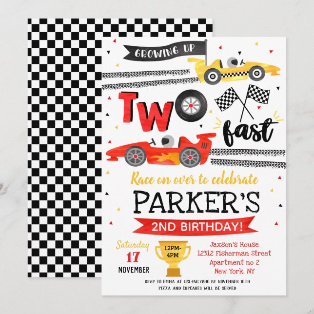 Invitation Fête d'anniversaire Two Fast Red Voiture de course (Devant / Derrière)