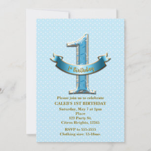 Invitation Fête d'anniversaire UN 1er 1 avec pois bleus et ba