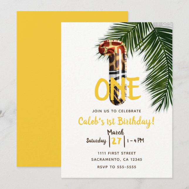 Invitation Fête d'anniversaire UN 1er safari à motifs animaux (Devant / Derrière)