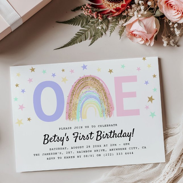 Invitation Fête d'anniversaire 'UN' 1ère bougie Modern Rainbo (Créateur téléchargé)