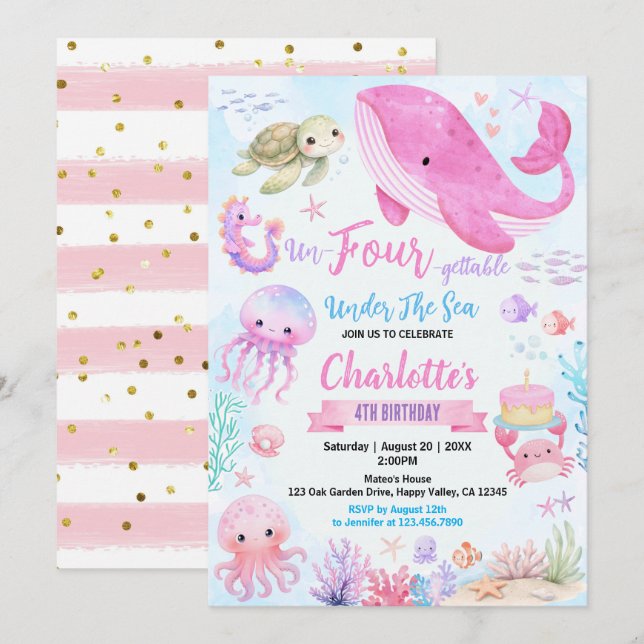 Invitation Fête d'anniversaire Under The Sea 4 ans Rose (Devant / Derrière)