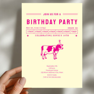 Invitation Fête d'anniversaire Vache à beurre rose chaud