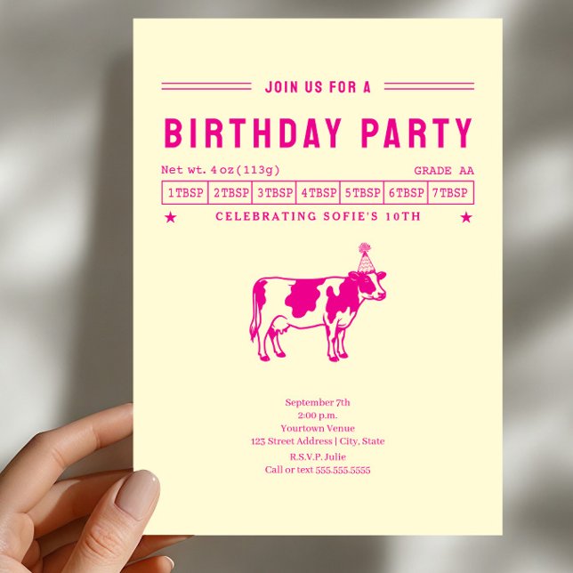 Invitation Fête d'anniversaire Vache à beurre rose chaud (Créateur téléchargé)