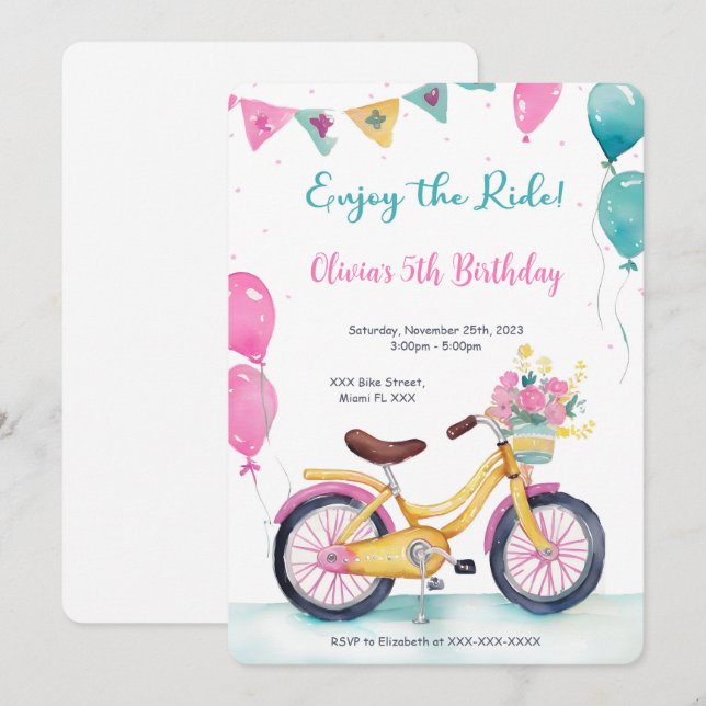 Invitation Fête d'anniversaire vélo rose et bleu (Devant / Derrière)