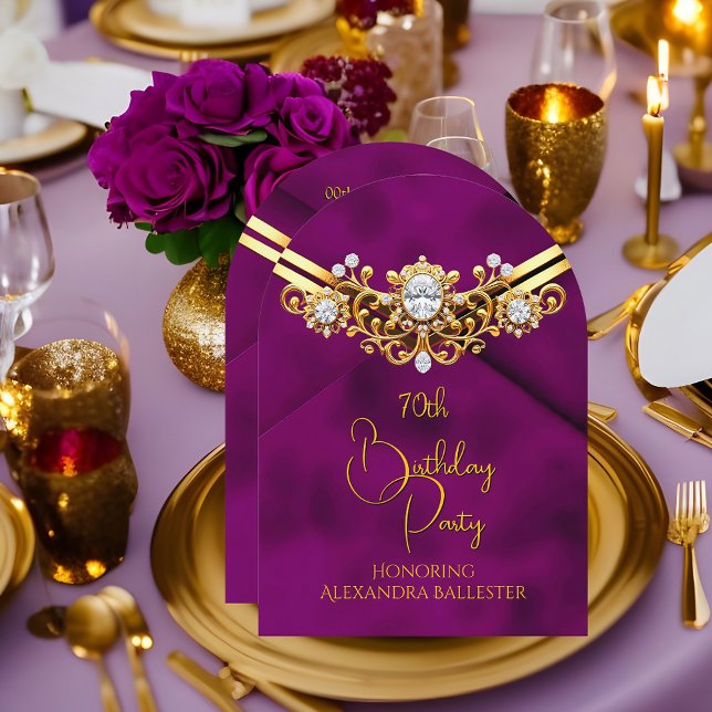 Invitation Fête d'anniversaire Velours Faux Prune Or Diamants (Créateur téléchargé)