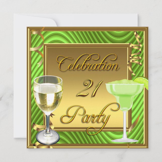 Invitation Fête d'anniversaire vert lime or 21 ans (Devant)