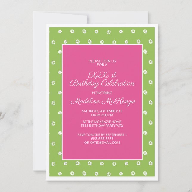 Invitation Fête d'anniversaire Vert Rose avec Points Blancs (Devant)