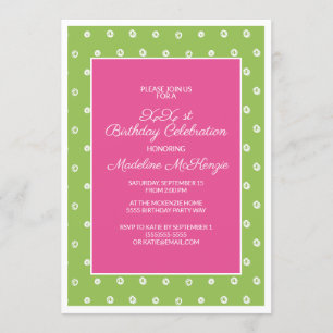 Invitation Fête d'anniversaire Vert Rose avec Points Blancs