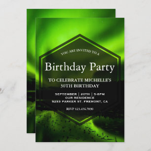 Invitation Fête d'anniversaire verte de lumières du nord de