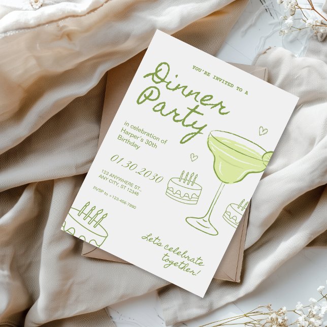 Invitation Fête d'anniversaire verte et blanche pour un dîner (Créateur téléchargé)