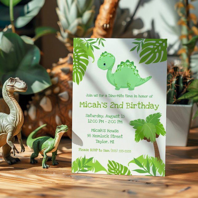 Invitation Fête d'anniversaire verte et bleue Dino-Mite Time  (Créateur téléchargé)