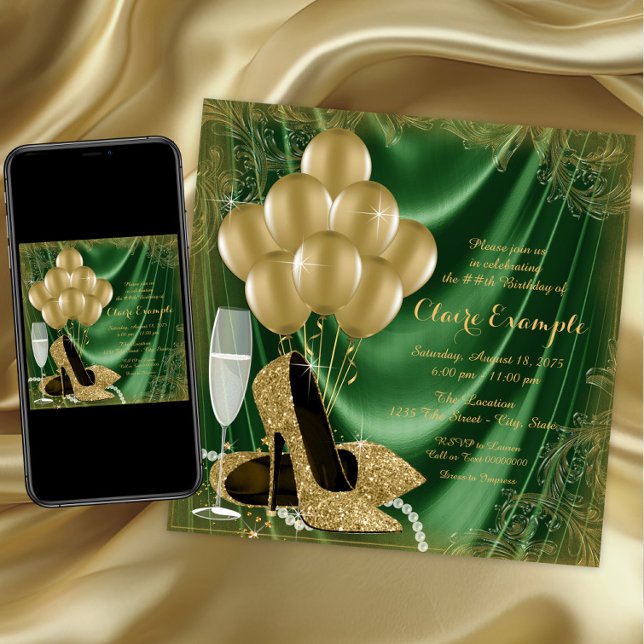 Invitation Fête d'anniversaire verte et dorée pour femme Sati (Womans emerald green and gold birthday party invitations. Any age. Digital and printed available.)
