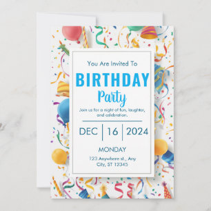Invitation Fête d'anniversaire vibrante avec ballons et confe