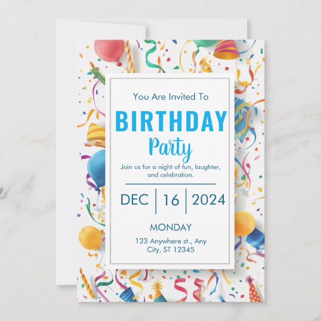 Invitation Fête d'anniversaire vibrante avec ballons et confe (Devant)