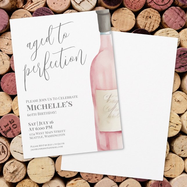 Invitation Fête d'anniversaire vin rose vieilli à la perfecti (Wine Simple Sixty 60th Birthday Party Invitation)