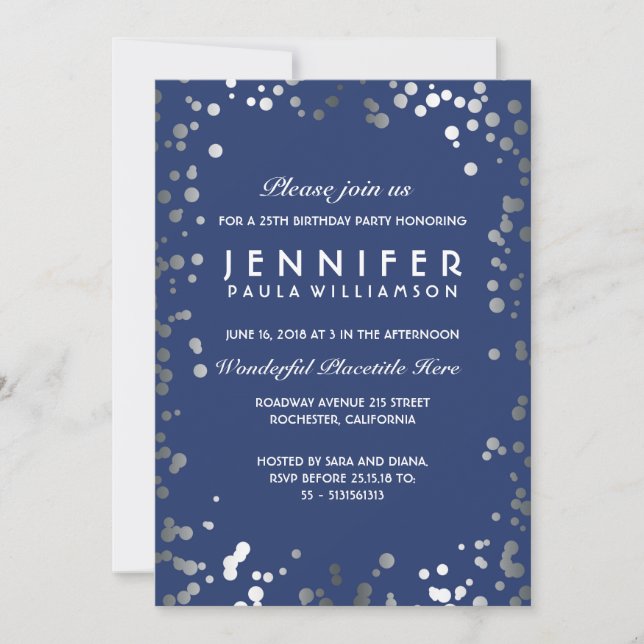 Invitation Fête d'anniversaire Vintage de Confetti Argent et  (Devant)