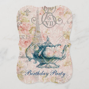 Invitation fête d'anniversaire vintage de pot de thé de Tour