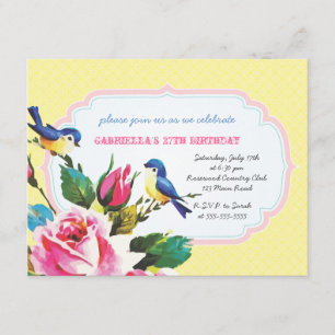 Invitation Fête d'anniversaire vintage d'oiseaux et de roses