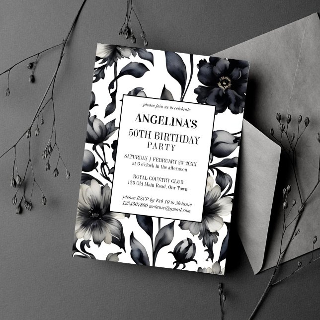Invitation Fête d'anniversaire vintage en noir et blanc (Black and white vintage flower elegant birthday party editable template invitation digital download )