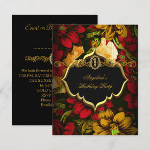 Invitation Fête d'anniversaire vintage floral noir or rouge
