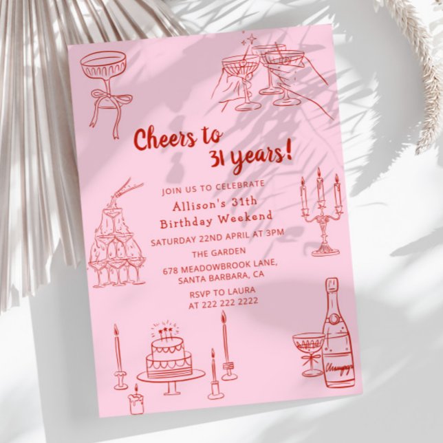 Invitation Fête d'anniversaire vintage rose rétro dessinée fu (Créateur téléchargé)