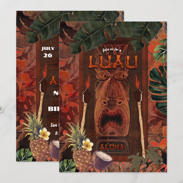 Invitation Fête d'anniversaire Vintage Tiki Aloha Luau Hawaïe (Devant / Derrière)