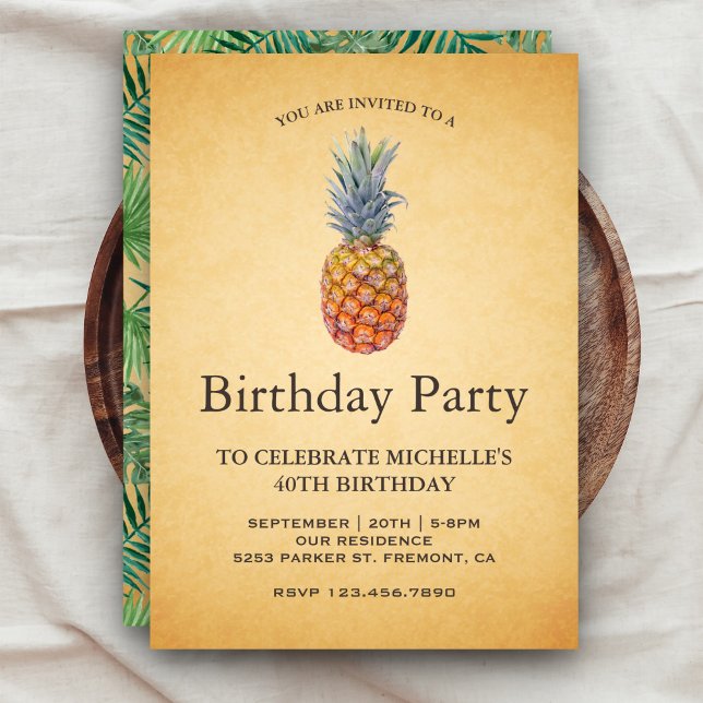 Invitation Fête d'anniversaire Vintage Tropical Pineapple (Créateur téléchargé)