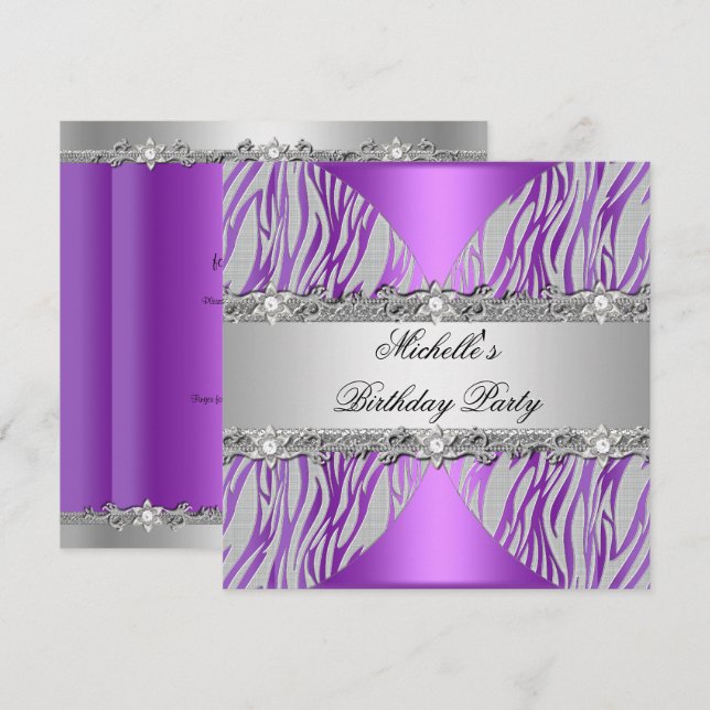 Invitation Fête d'anniversaire Violet Argent Gris Perle Diama (Devant / Derrière)