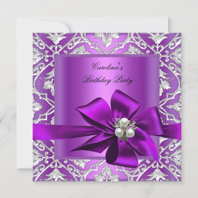 Invitation Fête d'anniversaire violet argent perle damas (Devant)