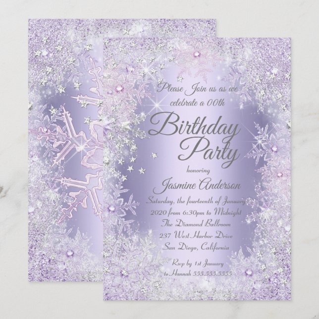 Invitation Fête d'anniversaire Violet Argent Winter Wonderlan (Devant / Derrière)