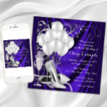 Invitation Fête d'anniversaire violet et argent pour les femm<br><div class="desc">Invitation de fête d'anniversaire violet et argent avec de belles chaussures talon haute parties scintillant d'argent, ballons, perles de champagne et tourbillons élégants d'argent sur un luxueux arrière - plan satiné violet. Cette élégante invitation de fête d'anniversaire violet et argent est facilement customisée pour votre événement en ajoutant simplement vos...</div>
