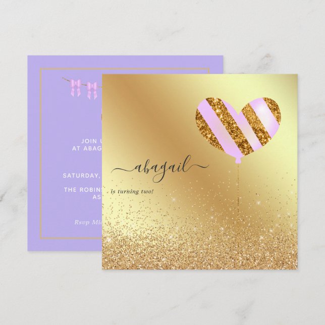 Invitation Fête d'anniversaire violet et or (Devant / Derrière)