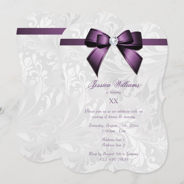 Invitation Fête d'anniversaire Violet Gem Bow, Ruban  & Damas (Devant / Derrière)