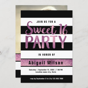 Invitation Fête d'anniversaire violet noir blanc sweet sixtee