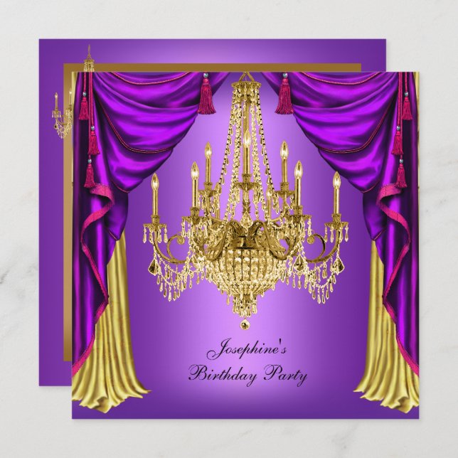 Invitation Fête d'anniversaire violet or chandelier Draps (Devant / Derrière)