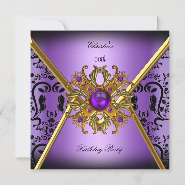 Invitation Fête d'anniversaire violet or noir damassé pour fe (Devant)